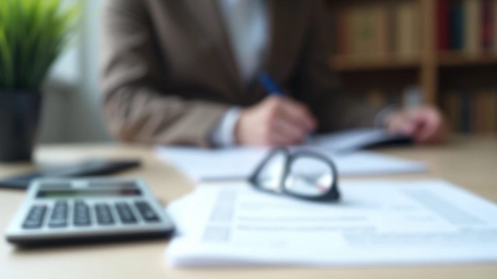 Taschenrechner und Steuerdokumente auf Schreibtisch mit Brille