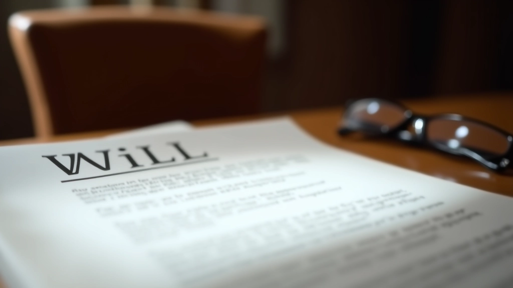 Schreibtisch mit Testament, Stift und Leseglas, gedimmtes Licht