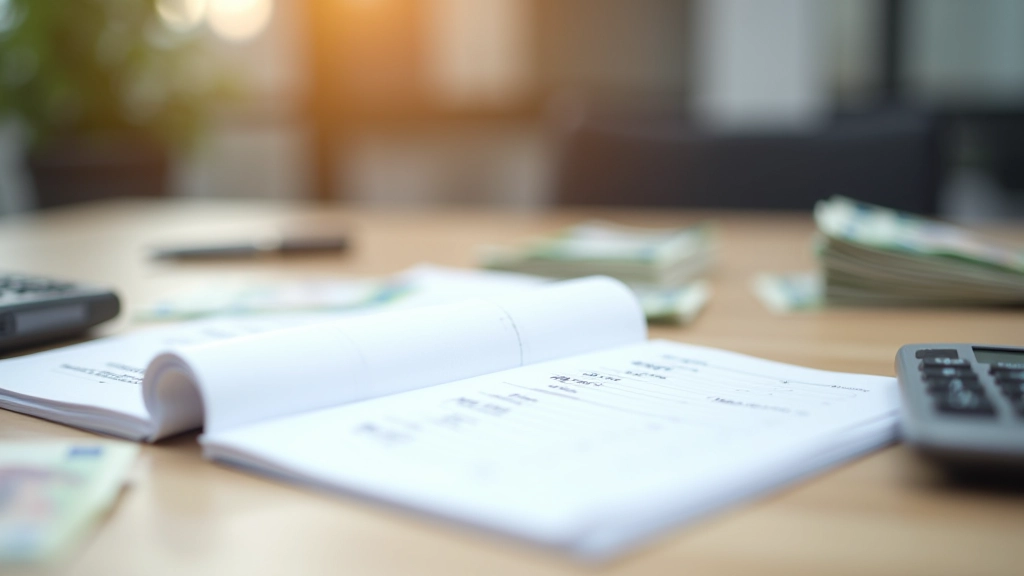 Notizblock mit Berechnungen, Rechner und Geldscheine auf Schreibtisch