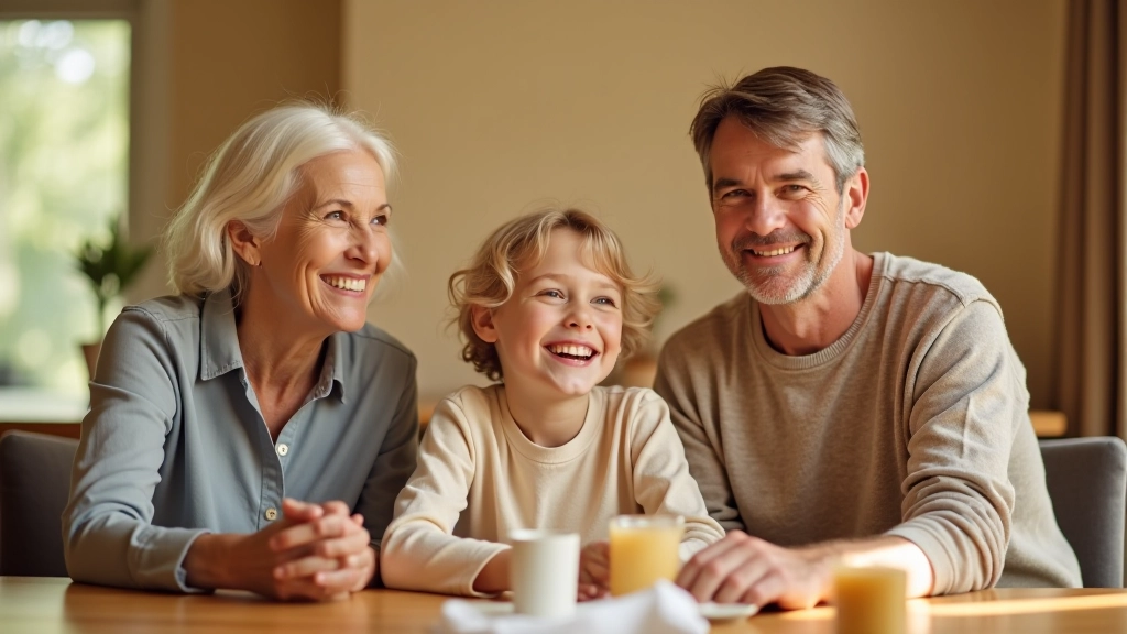 Familie beim Mittagessen am Tisch, drei Generationen sitzen zusammen, lächeln sich an, natürliches Licht von Fenster