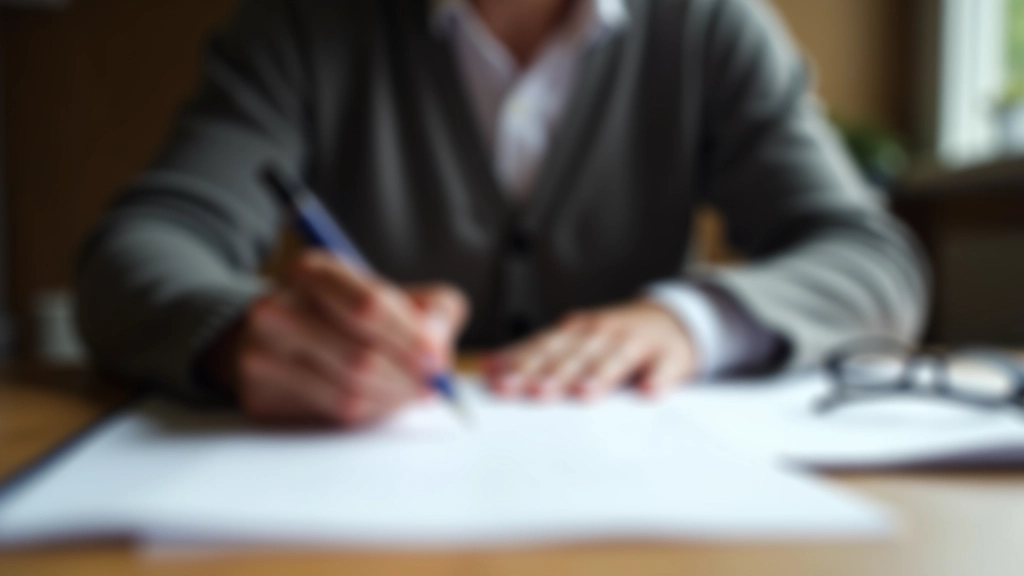 Person schreibt handschriftlich Testament mit Feder, Schreibtisch mit Dokumenten und Brille