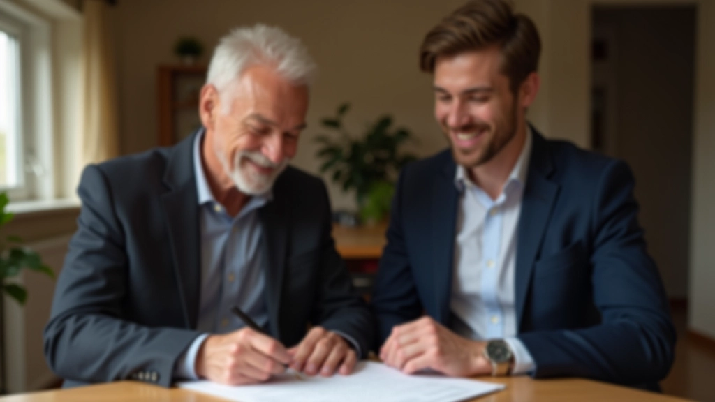 Älterer Mann unterschreibt Dokument, junger Mann schaut zu und lächelt